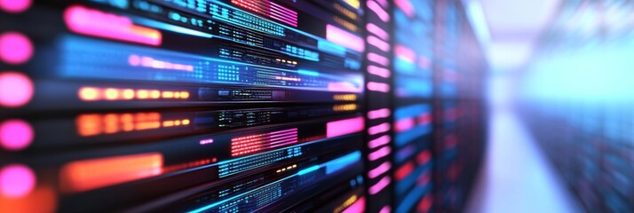 Naklejka premium Abstract Neon Data Center with Glowing Servers and Light Lines