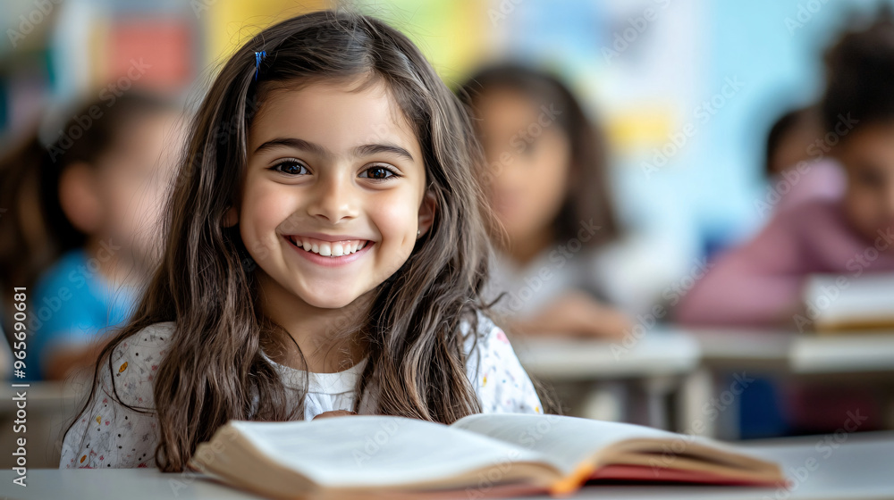 Poster cheerful young student is beaming while seated at her desk with an open book in front of her during 