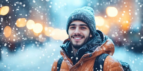 Fototapeta premium A cheerful young man smiles warmly amidst a snowy backdrop, wearing a cozy jacket and hat, capturing the essence of winter joy.