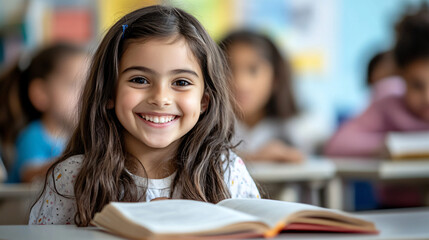 Cheerful young student is beaming while seated at her desk with an open book in front of her during class