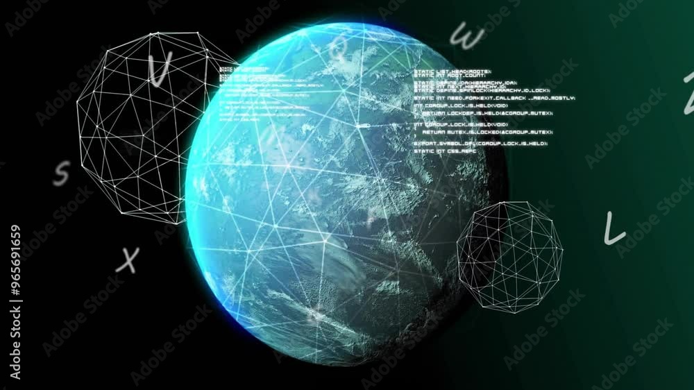 Poster animation of network of connections with data processing over globe