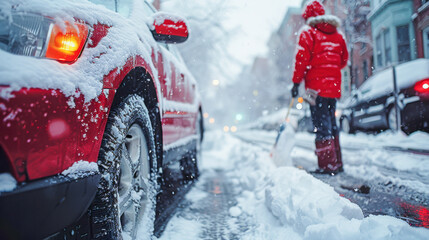 Fototapeta premium Winter Commute in Snowy City: Person Walking by Red Car on Snow-Covered Street