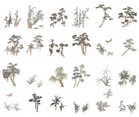 set of trees in Chinese traditional painting style.