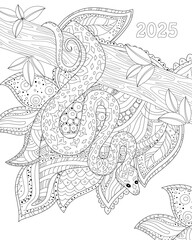 coloring book page for adults and children. snake on tree trunk against abstract fantasy floral background. chinese new year 2025 zodiac sign