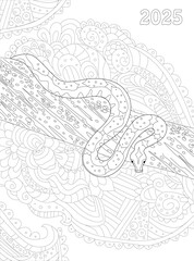 Obraz premium coloring book page for adults and children. snake on tree trunk against ethnic floral pattern background. chinese new year 2025 zodiac sign