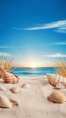 Obraz premium Summer travel template with seashells on light sand