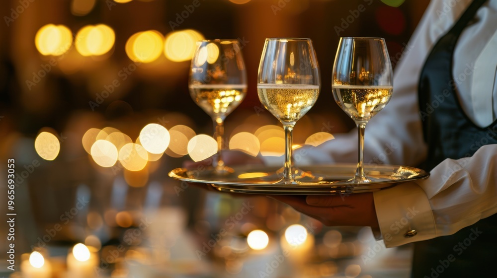 Wall mural waiter carrying a tray of wine glass in a luxury wine party