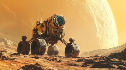 A robot designed for space exploration, navigating a distant planet, futuristic and rugged.