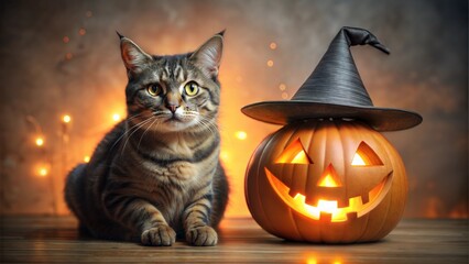 Cat wearing a witch hat and sitting next to a glowing jack-o&rsquo;-lantern, [animals in Halloween costumes], [Halloween-themed pet image]