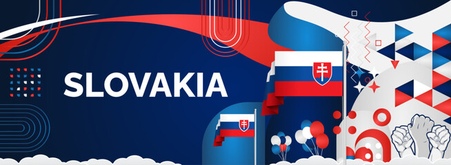 Slovakia national day modern banner. Wide abstract banner with typography, raised hands and country flags. Illustration background celebrating national holidays, Independence day and sporting events