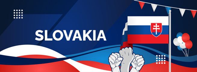 Slovakia national day modern banner. Wide abstract banner with typography, raised hands and country flags. Illustration background celebrating national holidays, Independence day and sporting events
