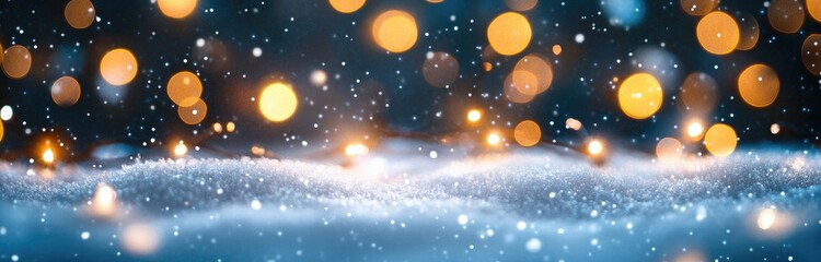 Fototapeta premium Background with blurred lights and falling snow, featuring bokeh lights in white, blue, and golden colors, with ample copy space for text.