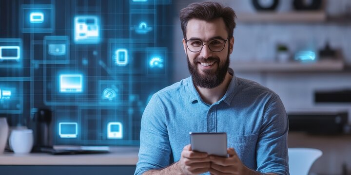 A young man using a tablet while surrounded by digital technology icons, showcasing modern connectivity and innovation.