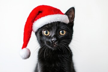 This adorable black cat captures the holiday spirit by wearing a bright red Santa hat. The simple background emphasizes its curious expression and striking eyes