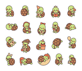 Cute kawaii turtle. Adorable animal character. Hand drawn style. Vector drawing. Collection of design elements.