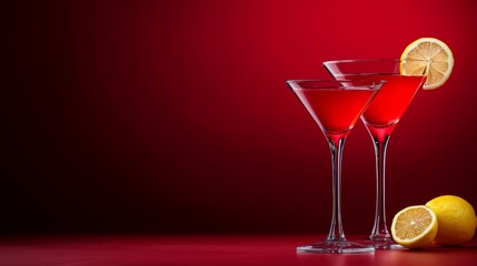 Classic red cocktail in a sleek martini glass, illuminated subtly with a lemon slice, perfect for high-end bar and nightlife concepts