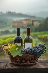 Fototapeta premium Wine glass grape with background of grape plantation winery