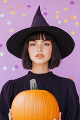 brunette woman facing forward with short bob haircut wearing dark purple dress and dark purple pointy witch hat close up holding a pumpkin, purple background with confetti