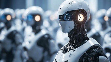 Fototapeta premium A robotics competition where various AI-powered robots perform scientific tasks, intense atmosphere.