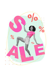 High discount promo billboard collage of youngster girl dance big sale shopping percentage summer black friday isolated on drawn background
