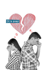 Collage retro sketch image of unhappy sad upset couple braking up isolated painting blue color...