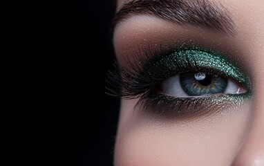 Close-up of a glamorous eye makeup look with shimmering emerald green eyeshadow, dark smoky accents, and dramatic lashes, perfect for bold beauty concepts