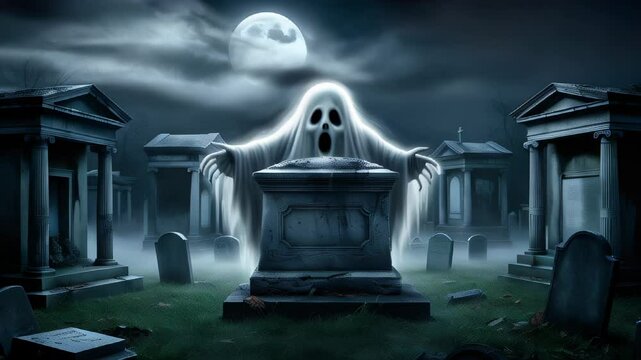 A ghost figure of a phantom in a white sheet near a tombstone in a cemetery at night with MOON