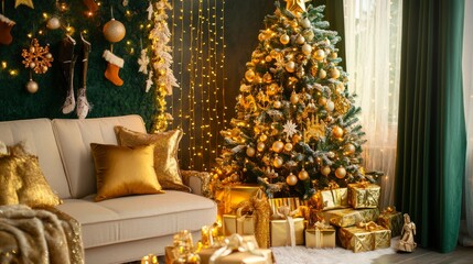 A luxurious Christmas living room decorated with a golden Christmas tree and matching gold presents. The room glows with warm holiday lights, creating a festive and elegant atmosphere 