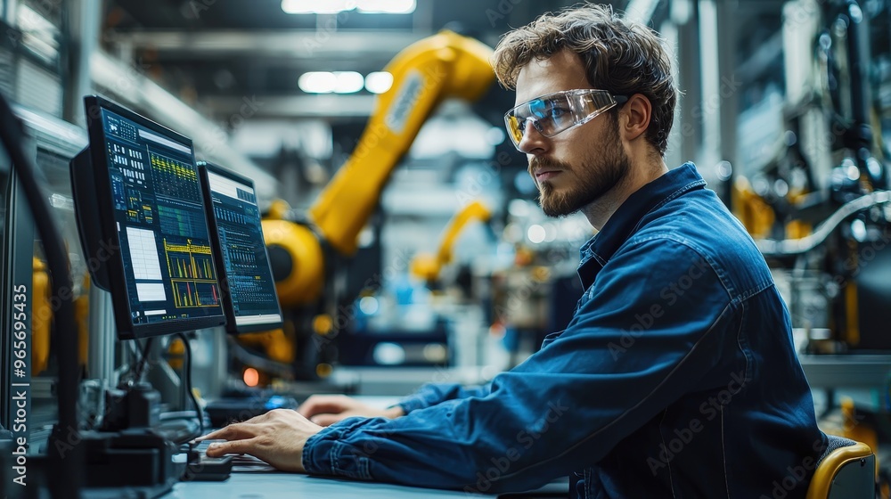 Poster A technician focuses intently on his computer, programming robotic systems in a high-tech manufacturing facility, surrounded by advanced machinery and automation