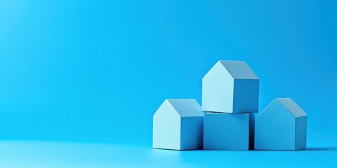 Fototapeta premium Colorful abstract representation of houses against a blue background, ideal for real estate, housing, or home concepts.