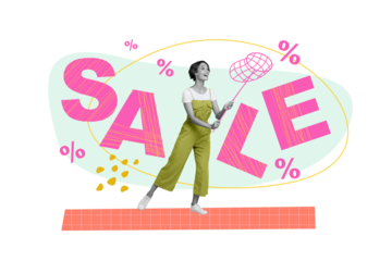 Creative promo poster collage of young excited girl catching percent symbols sale summer season shopaholic isolated on white background