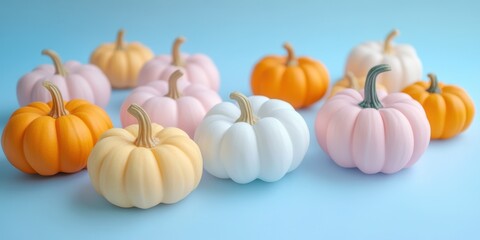 Colorful assorted pumpkins in pastel hues arranged on a soft blue background, perfect for autumn-themed designs or seasonal decor.