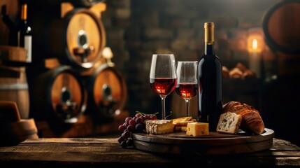 Fresh grape, grape wine bottle and glass in vintage wine cellar with wine barrels
