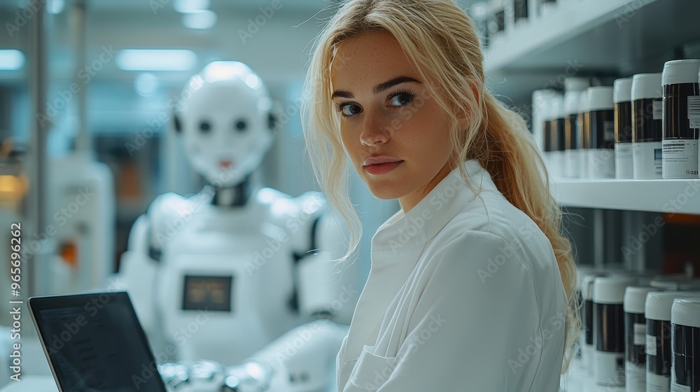 Poster In a modern laboratory, a scientist reviews data on a laptop while a humanoid robot stands in the background, showcasing advanced technology and collaboration