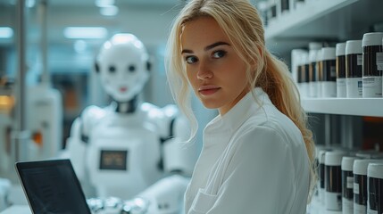 In a modern laboratory, a scientist reviews data on a laptop while a humanoid robot stands in the background, showcasing advanced technology and collaboration