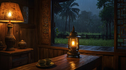 traditional classic thai house at night