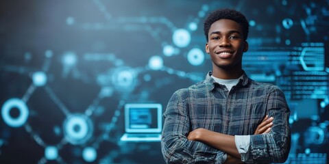 Fototapeta premium Confident young man in a digital environment showcasing technology and innovation with arms crossed and a vibrant background.