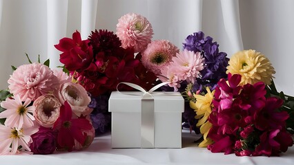 Floral bouquets with white gift box on white wooden background