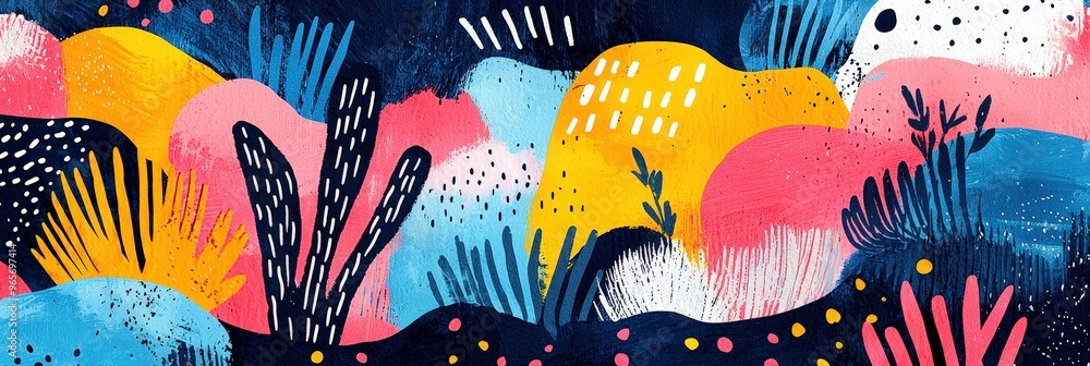 Poster A lively mural showcases an array of bright colors, bold patterns, and organic shapes, creating an engaging visual experience in an urban setting during daylight