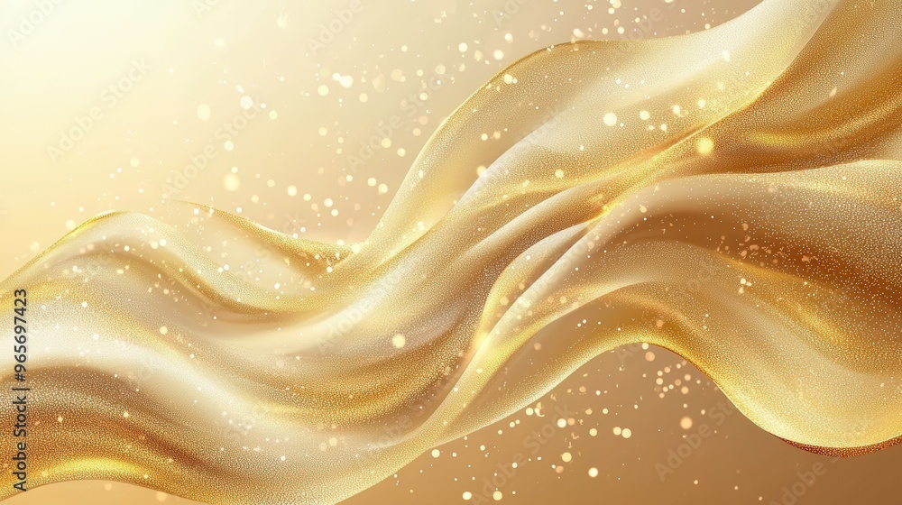 Poster a golden fabric undulates elegantly, catching the light and creating a mesmerizing effect as sparkli