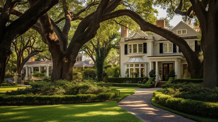  house with columns, shaded by big oak trees