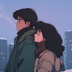 Anime-Style Couple in Winter City - Romantic and Cozy Digital Art