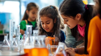 A science education fair with exhibits and hands-on experiments, students and families exploring.