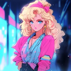 Retro 80s Anime-Style Female Character with Neon City Lights - Vibrant Digital Art