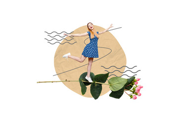 Composite collage photo advert banner of young carefree lightness lady floriculture shopping cheap...