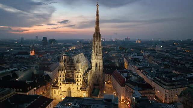 Aerial view of famous places St. Stephen's Cathedral Stephansdom at night. Mother church of the Roman Catholic Archdiocese of Vienna. Austria
