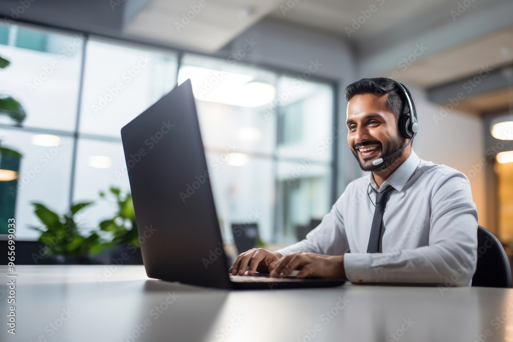 Wall mural Photo of indian man working at call center, smilling talking to a laptop.