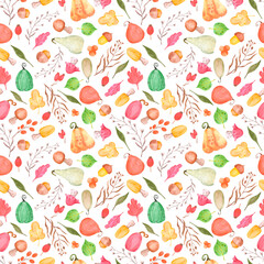 Hand drawn watercolor autumn pumpkins mushrooms and leaves seamless pattern isolated on white background. Can be used for textile, fabric, scrapbook and other printed products.