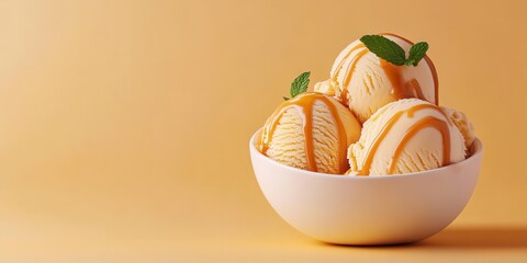Delicious scoops of caramel ice cream topped with a fresh mint leaf, perfect for a summer treat or dessert craving.