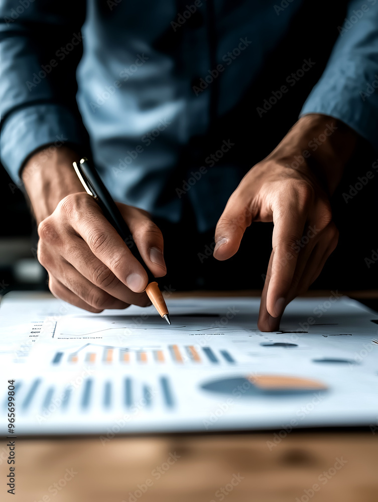 Poster a professional analyzing data with charts and graphs, focusing on trends and insights using a pencil
